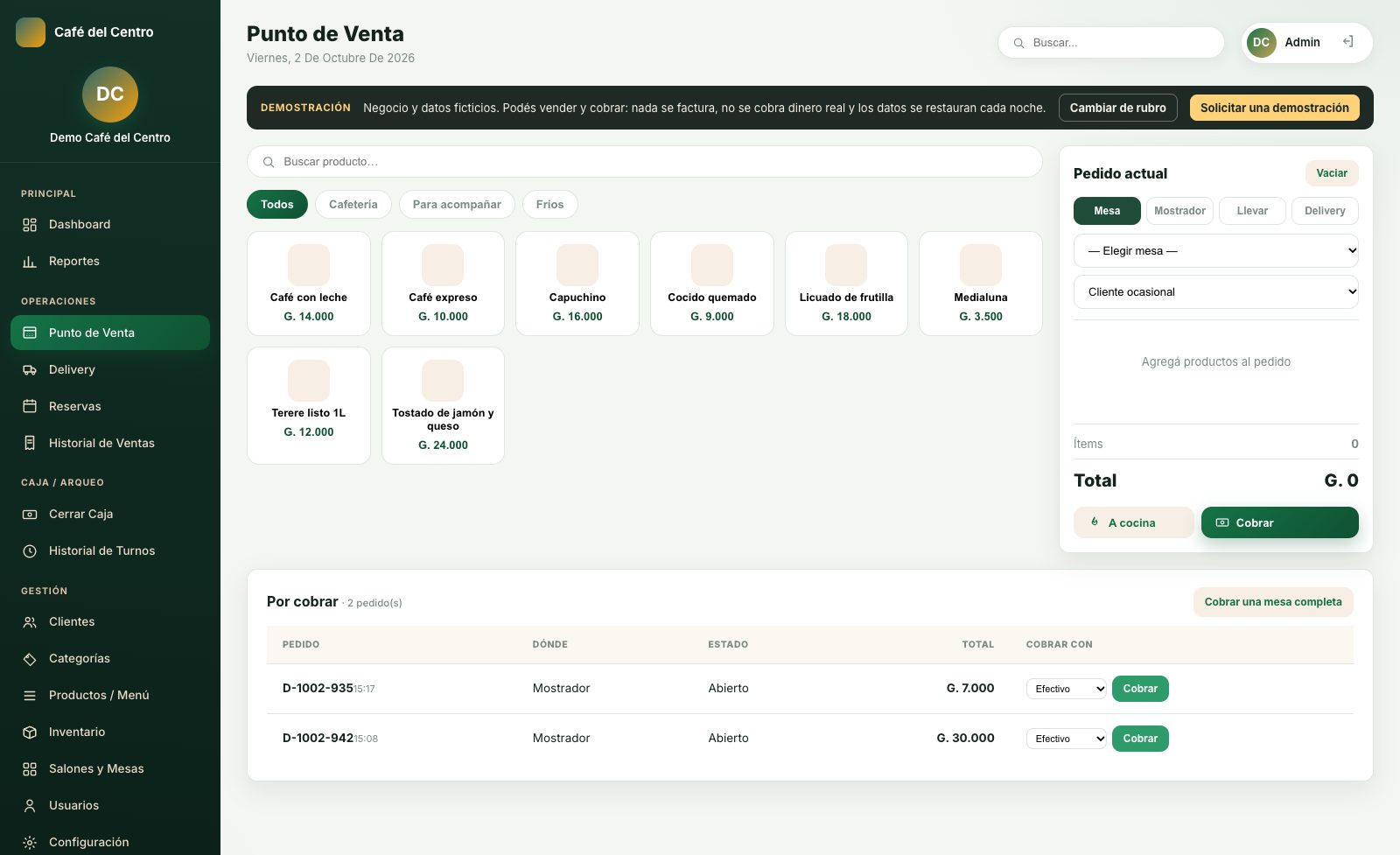 Sistema para cafetería