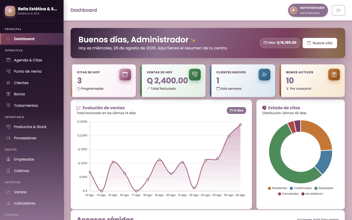 Captura del panel de TPV Estética y SPA